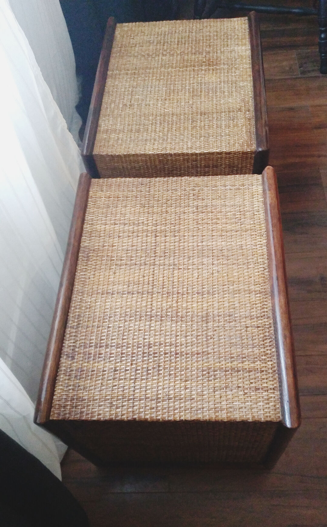 Pair of rattan and bamboo bedside tables, vintage