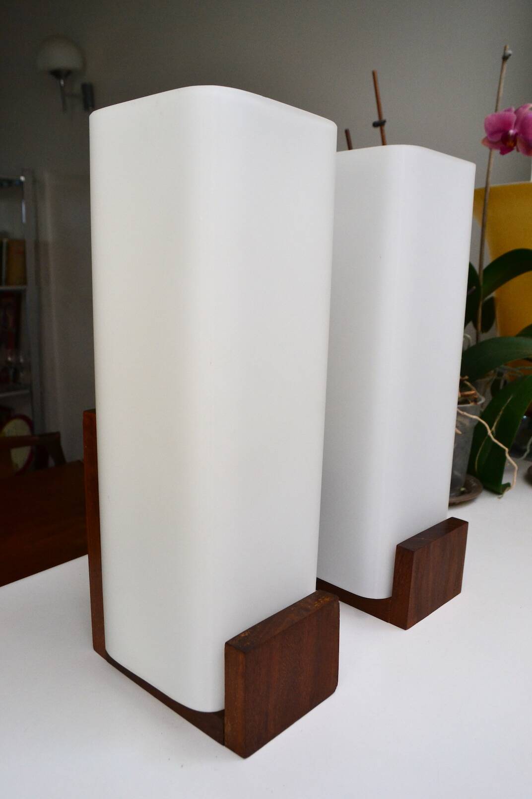 Pair of Louis Kalff opaline and teak wall lights from the 1950s/60s