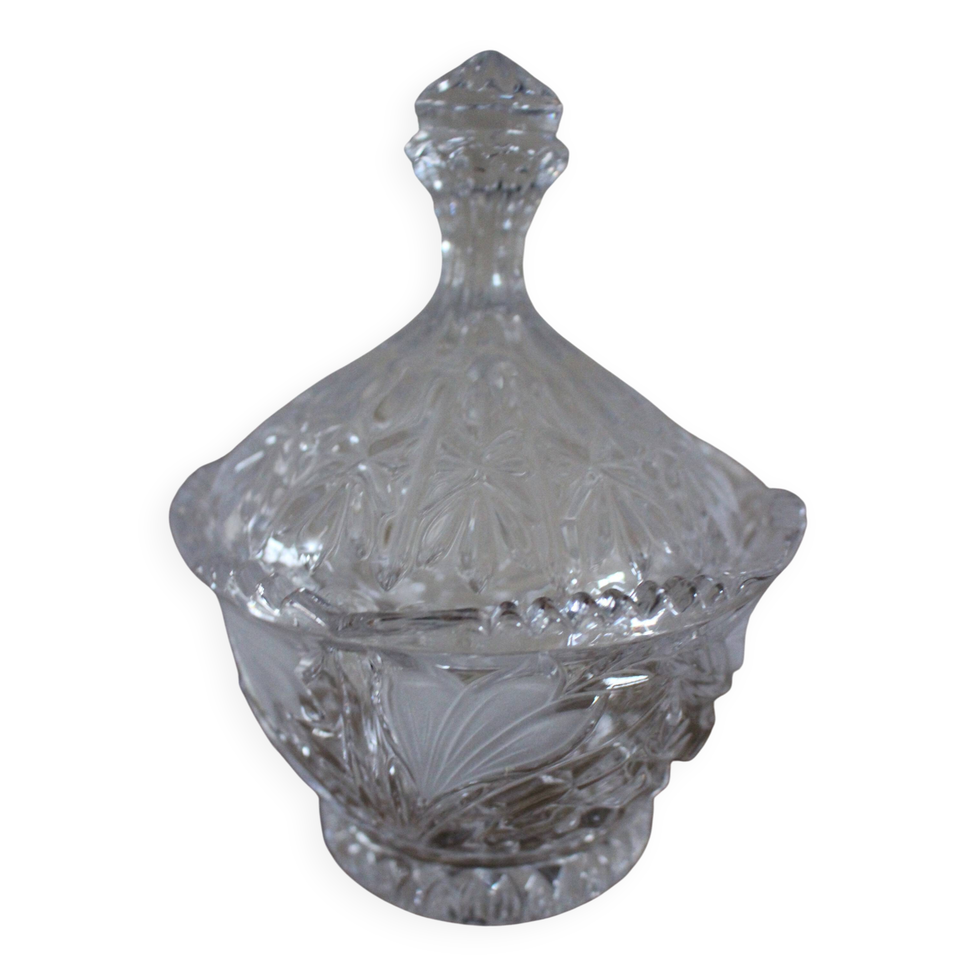 Sugar bowl, candy dish with chiseled glass and foliage