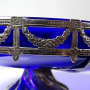 Antique cobalt glass and silver-plated metal bowl, Louis XVI style, circa 1900-1920.