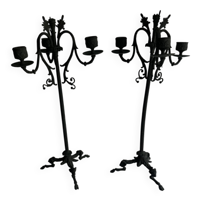 Paire de grands chandeliers Napoléon III en bronze patiné