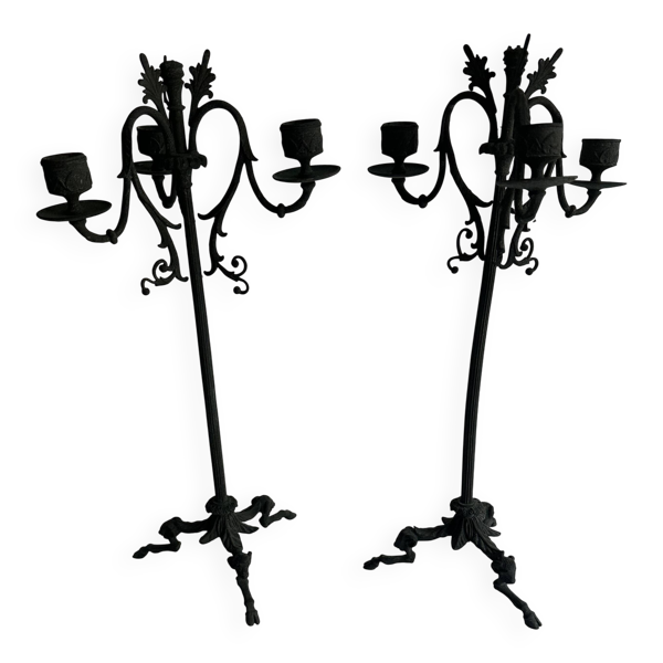 Paire de grands chandeliers Napoléon III en bronze patiné