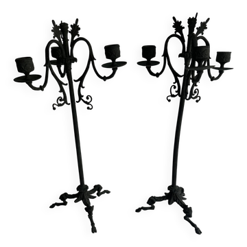 Paire de grands chandeliers Napoléon III en bronze patiné
