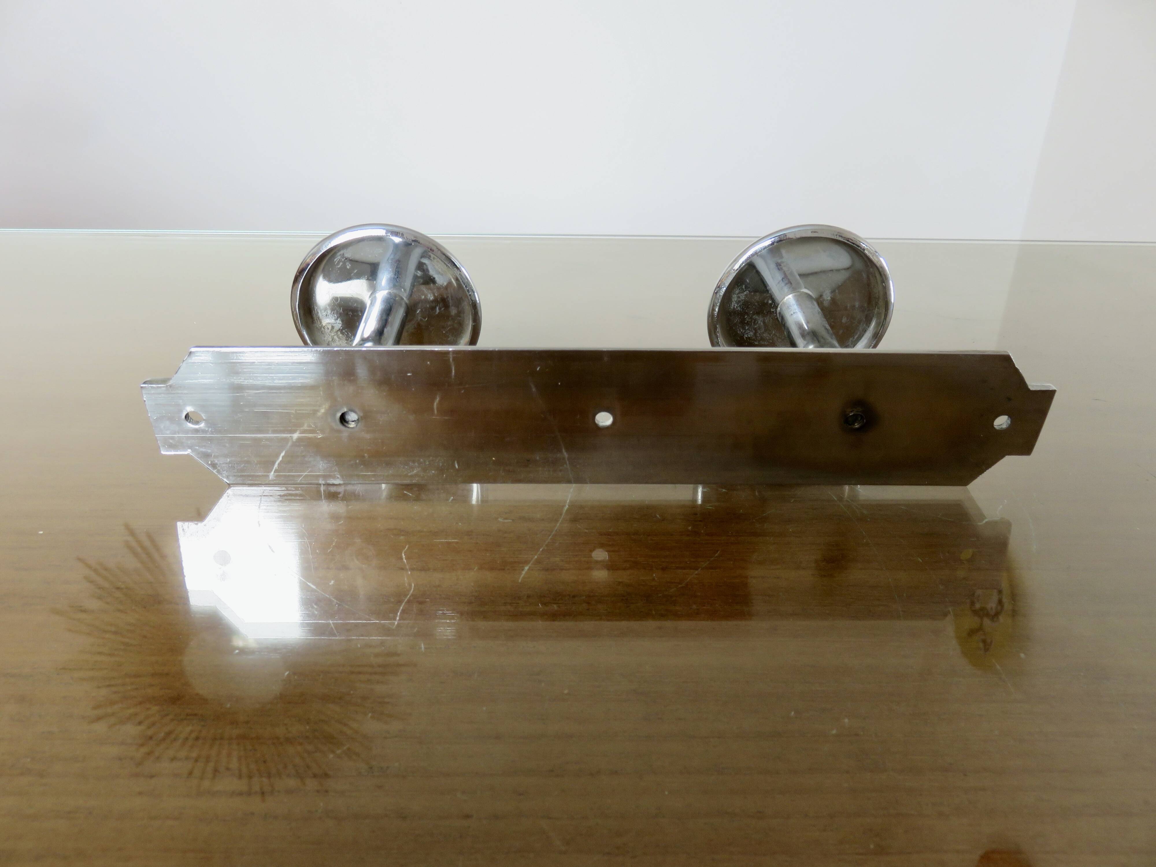 Wall-mounted coat rack in chrome brass, Art Deco, 2 hooks, 1940s 50s