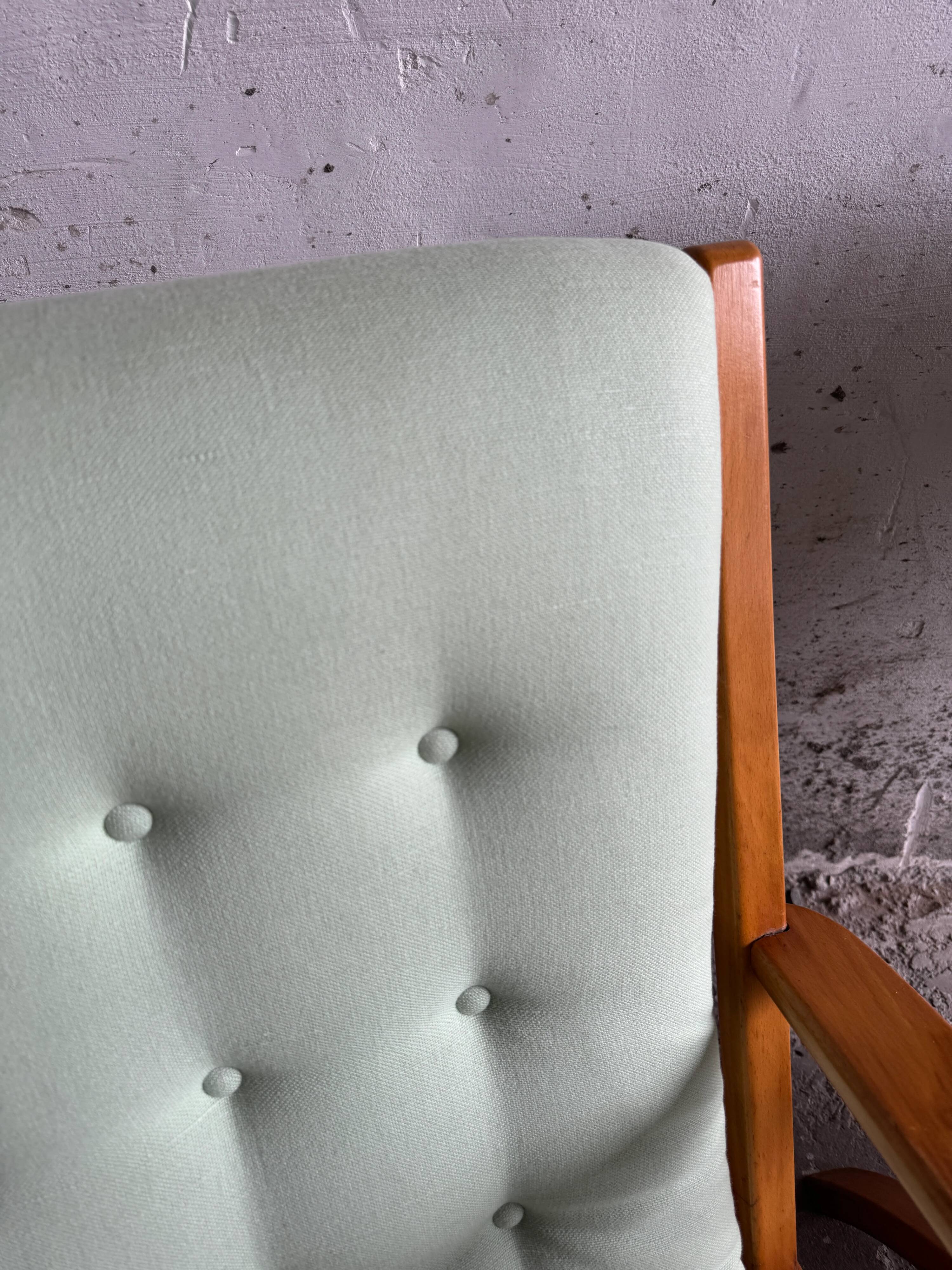 Set of 2 Vintage Mint Green Upholstered Lounge Chairs with Honey Wood Frames