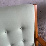 Set of 2 Vintage Mint Green Upholstered Lounge Chairs with Honey Wood Frames