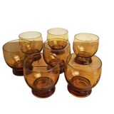 7 vintage engraved amber glasses – retro brown glass from the 70s