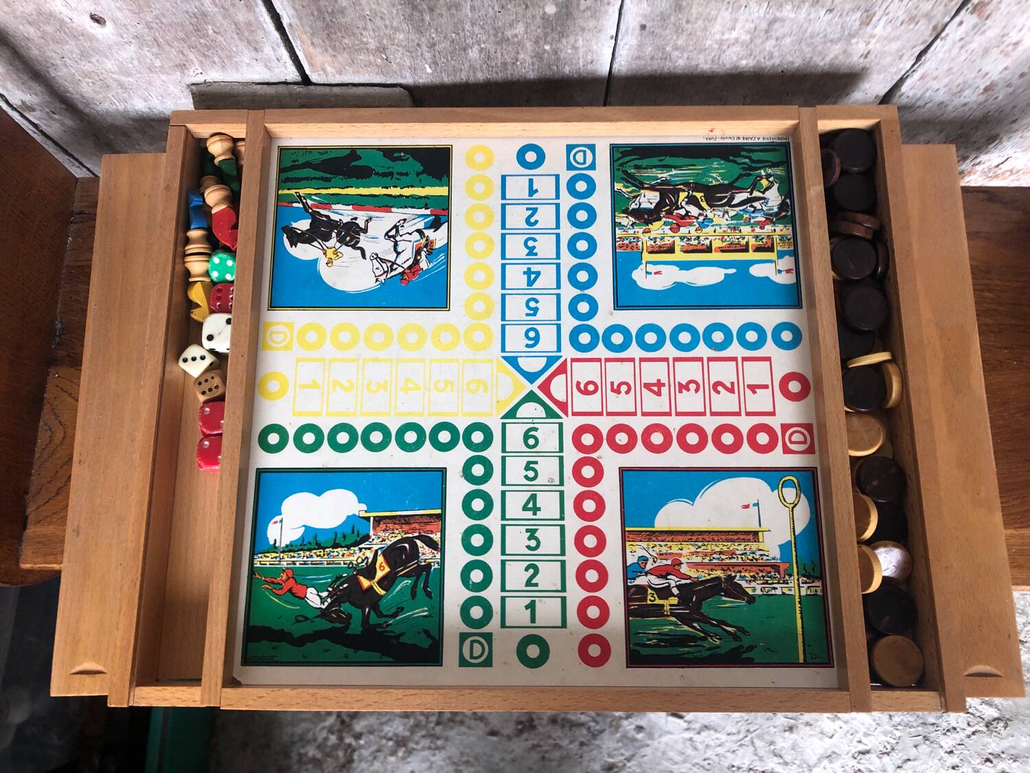 Old Board Game of Checkers, Goose, Hopscotch & Little Horses in Vintage Wooden