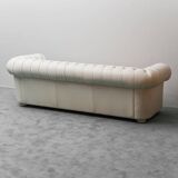 3-seater vintage Chesterfield sofa in white leather, 1970s modernist