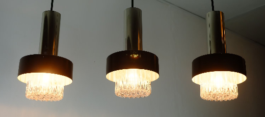 Mid century modern 3-light pendant lamp glass and chrome and black metal 1960s