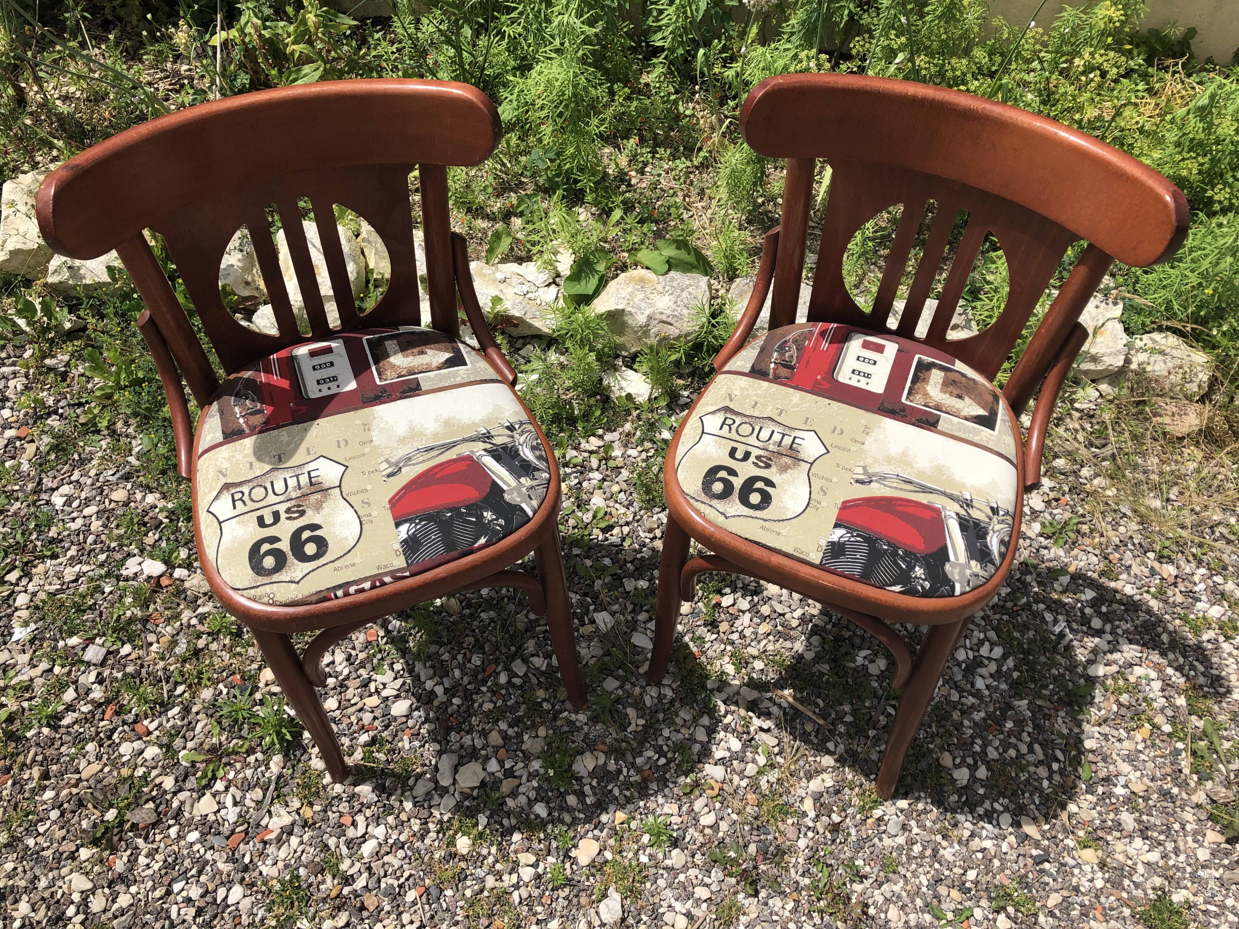 Pair of vintage bentwood chair + route 66 fabric seat