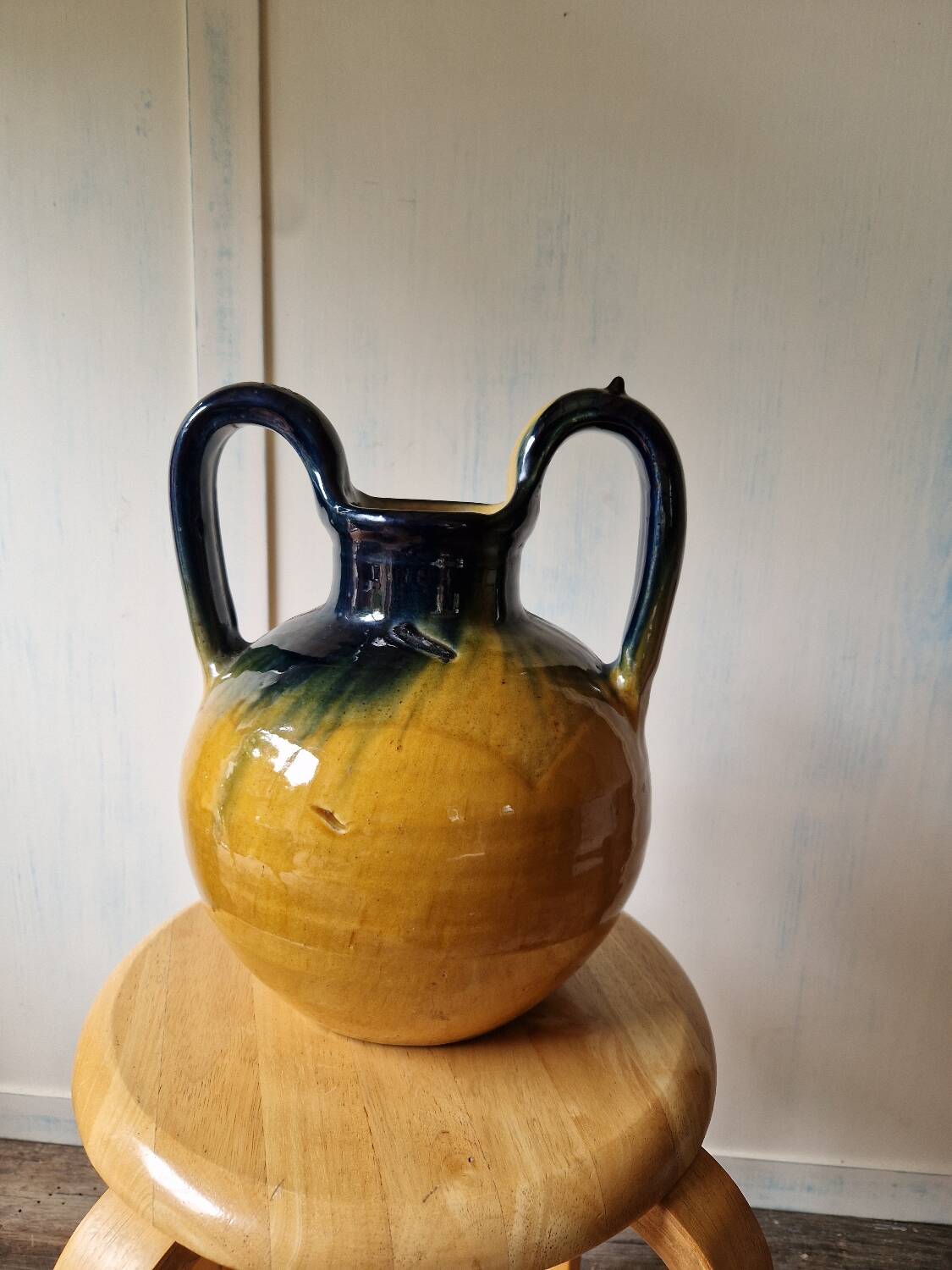 Pottery, jar, old jug in yellow and green glazed terracotta