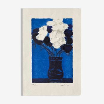 Bernard cathelin anémones bleues et blanches lithographie