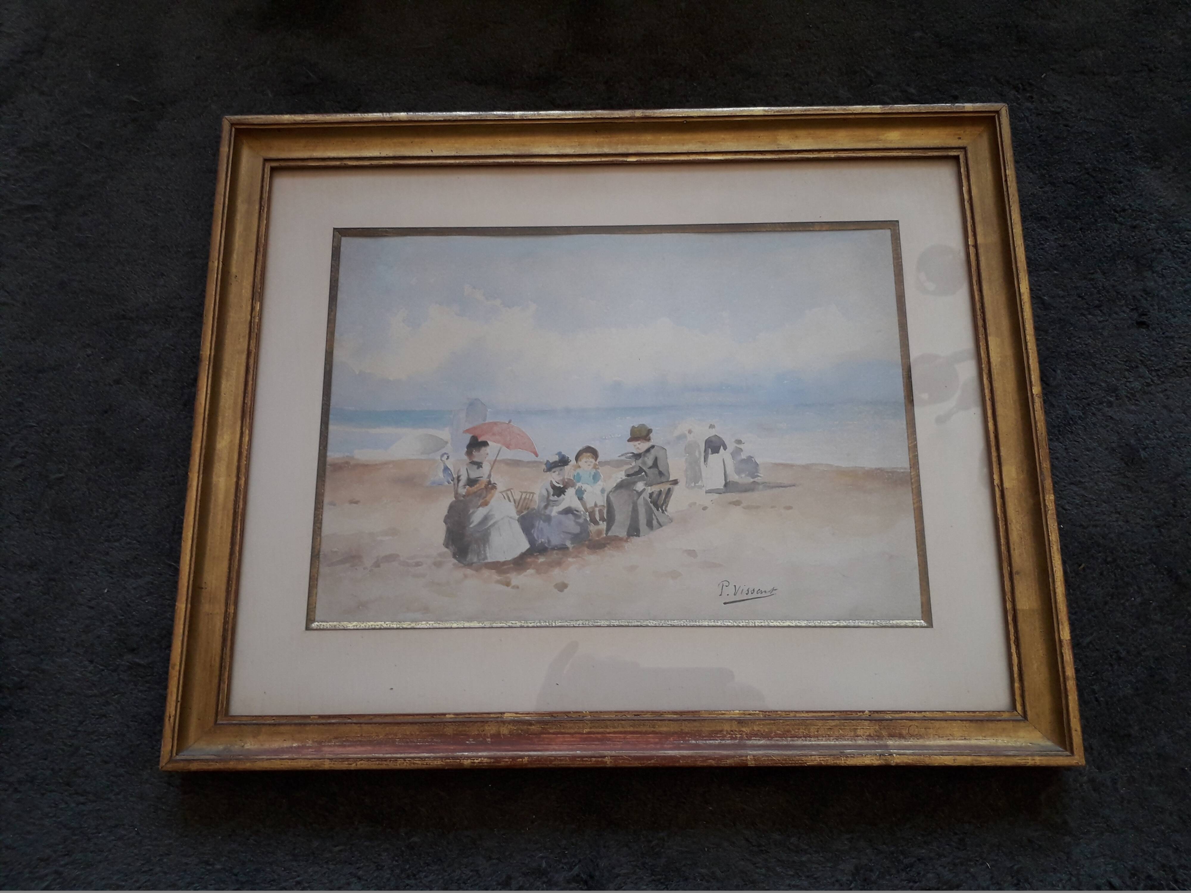 Old painting from the 1920s depicting a seaside scene