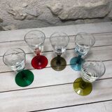 Antique and rare! Sold in a set of 12 colorful twisted stemmed glasses engraved with flowers and leaves