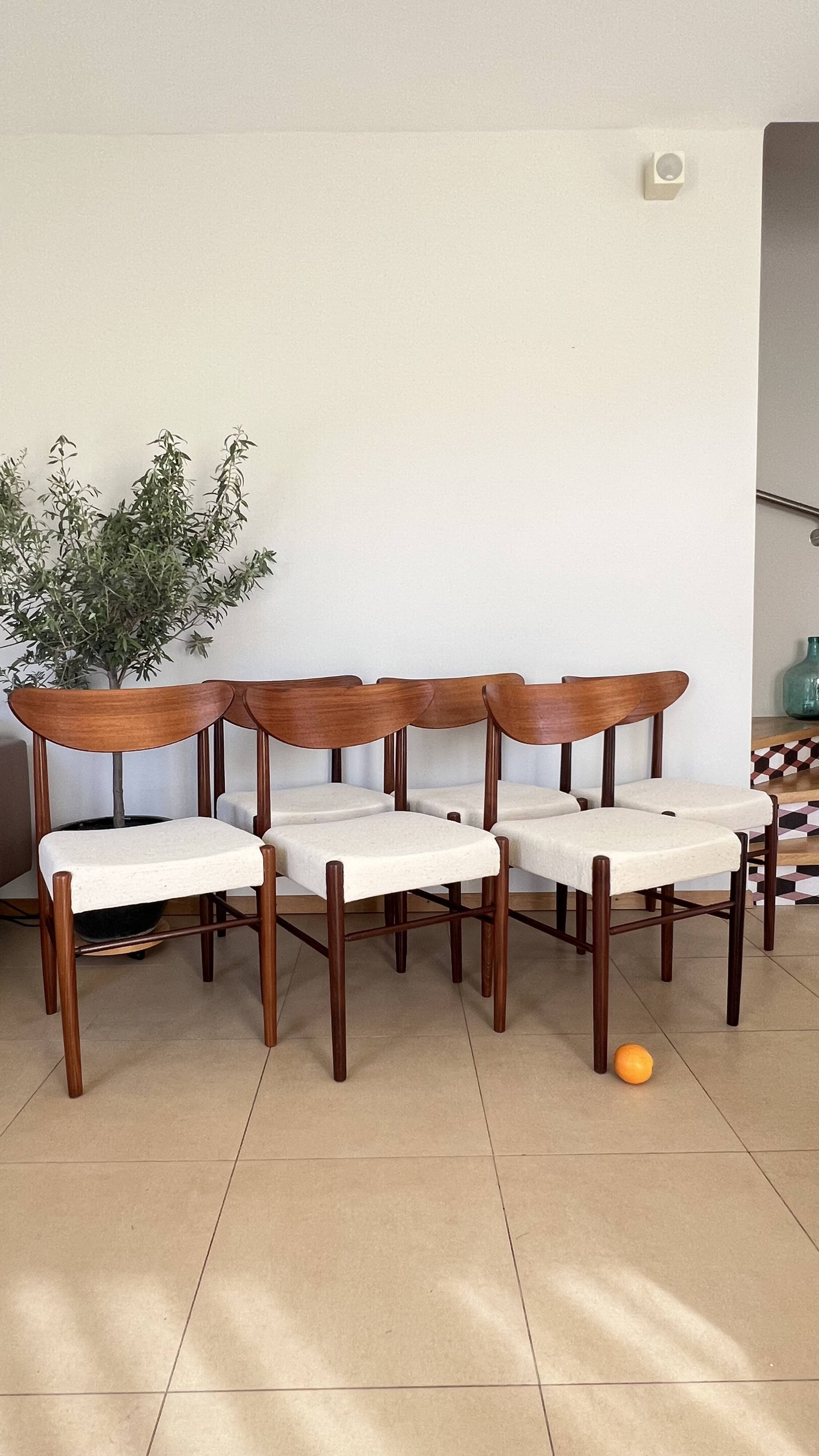Set of 6 Scandinavian style Danish teak upholstered chairs. 1960s