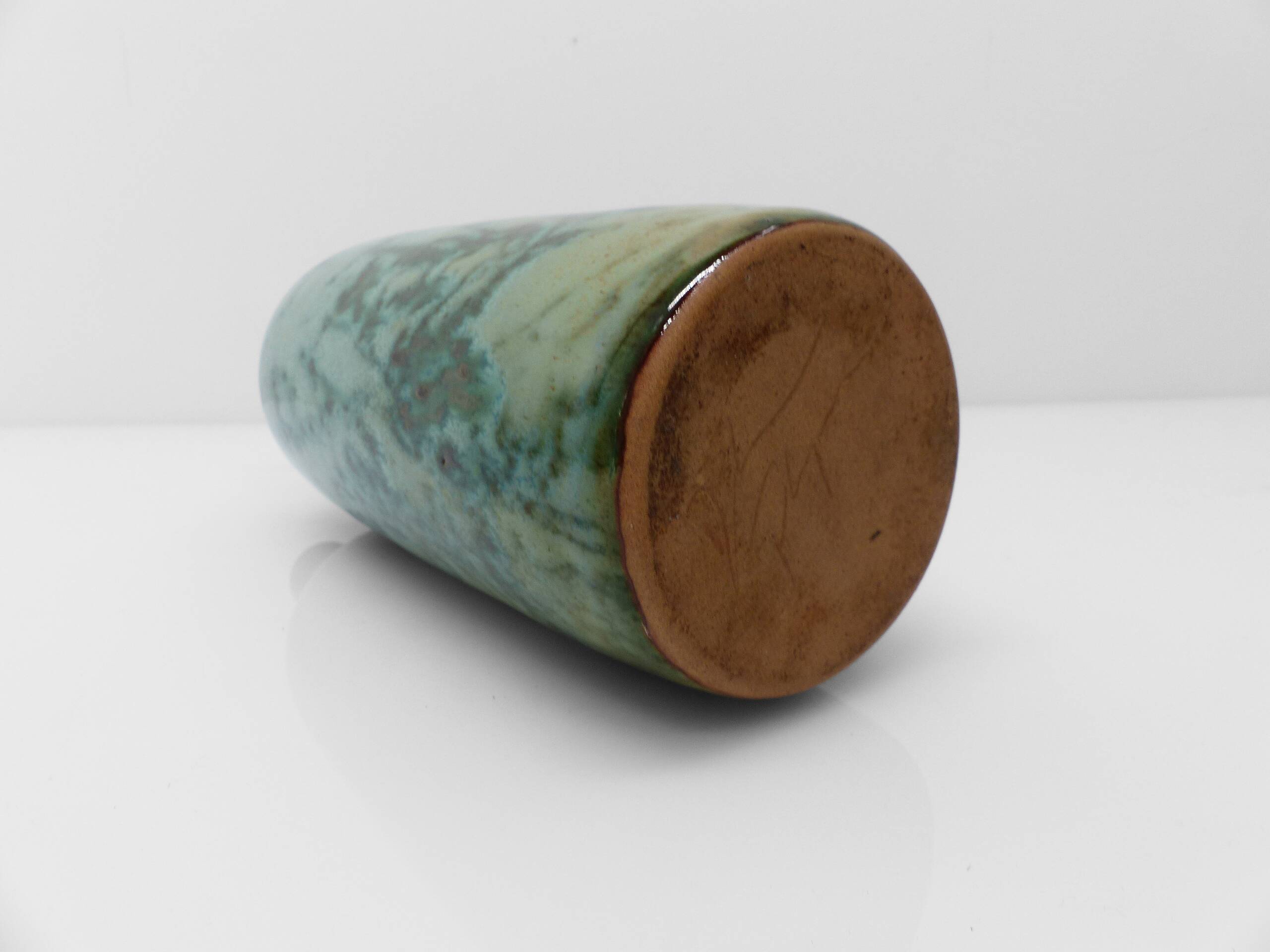 Green glazed stoneware bottle vase with copper highlights 1960-1970