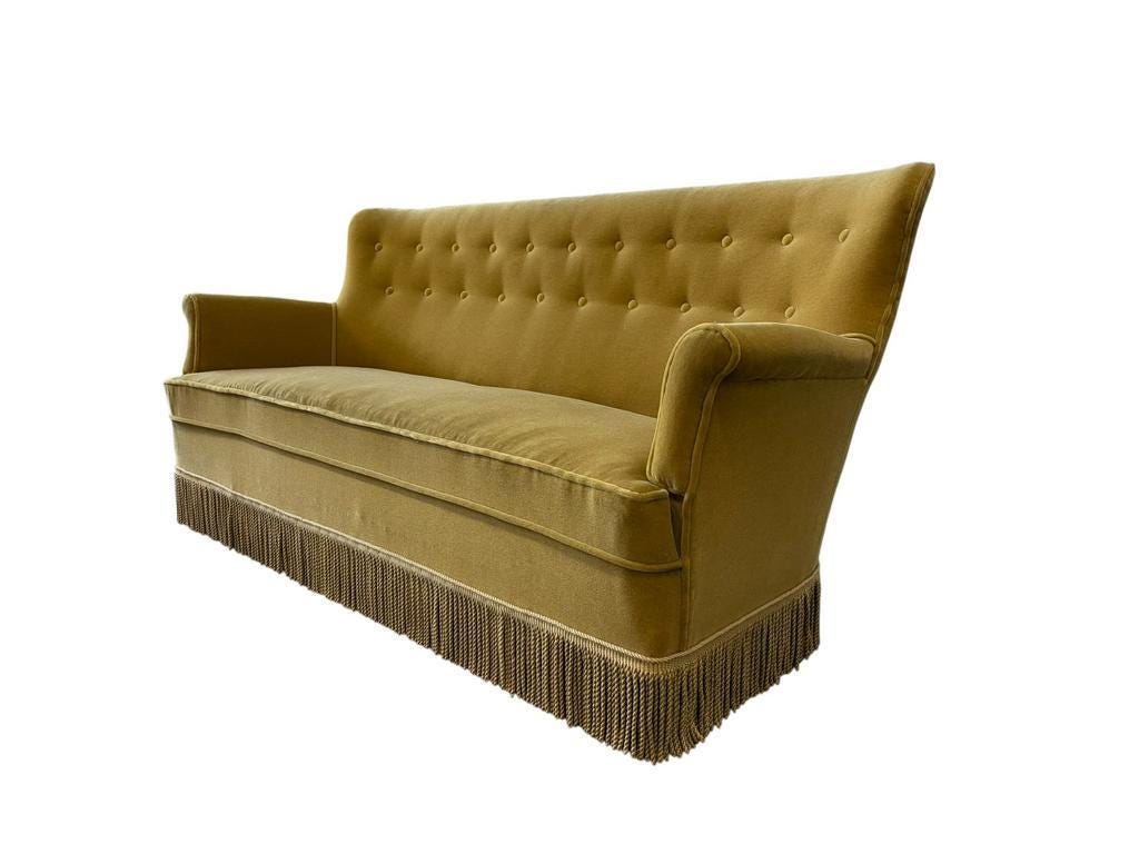 Vintage ochre yellow sofa / three-seater with fringes