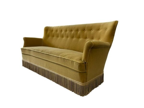 Canapé vintage jaune ocre / canapé / trois places avec franges