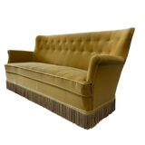 Vintage ochre yellow sofa / three-seater with fringes