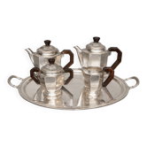 Art Deco tea and coffee service. Silver-plated metal and mahogany.