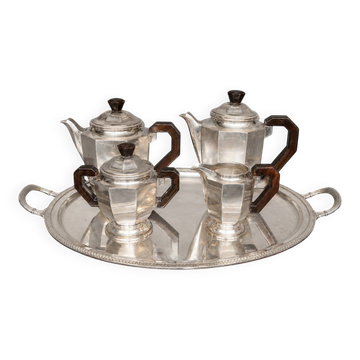 Art Deco tea and coffee service. Silver-plated metal and mahogany.