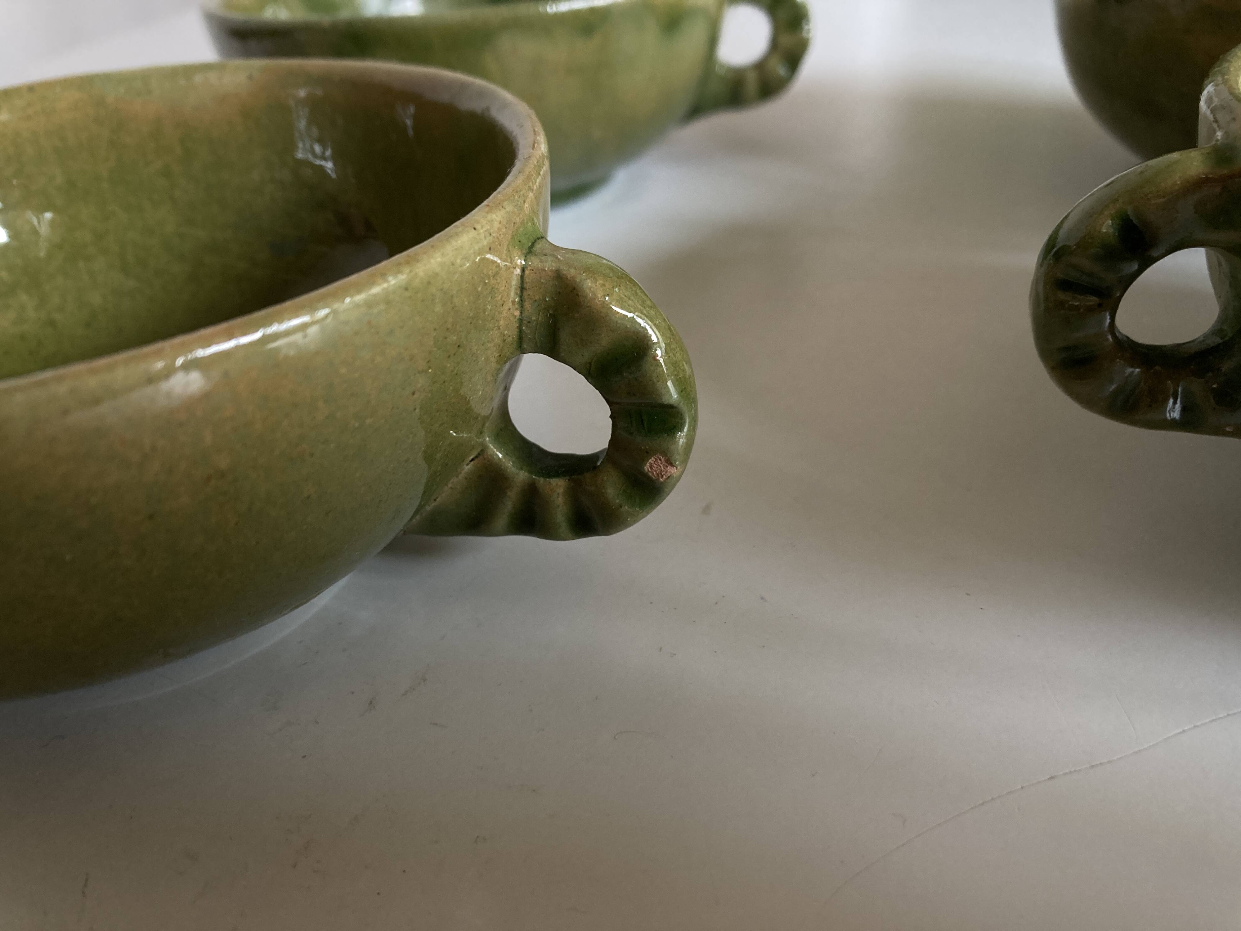 Set of 4 green bowls with handles in Biot glazed earthenware, 1960