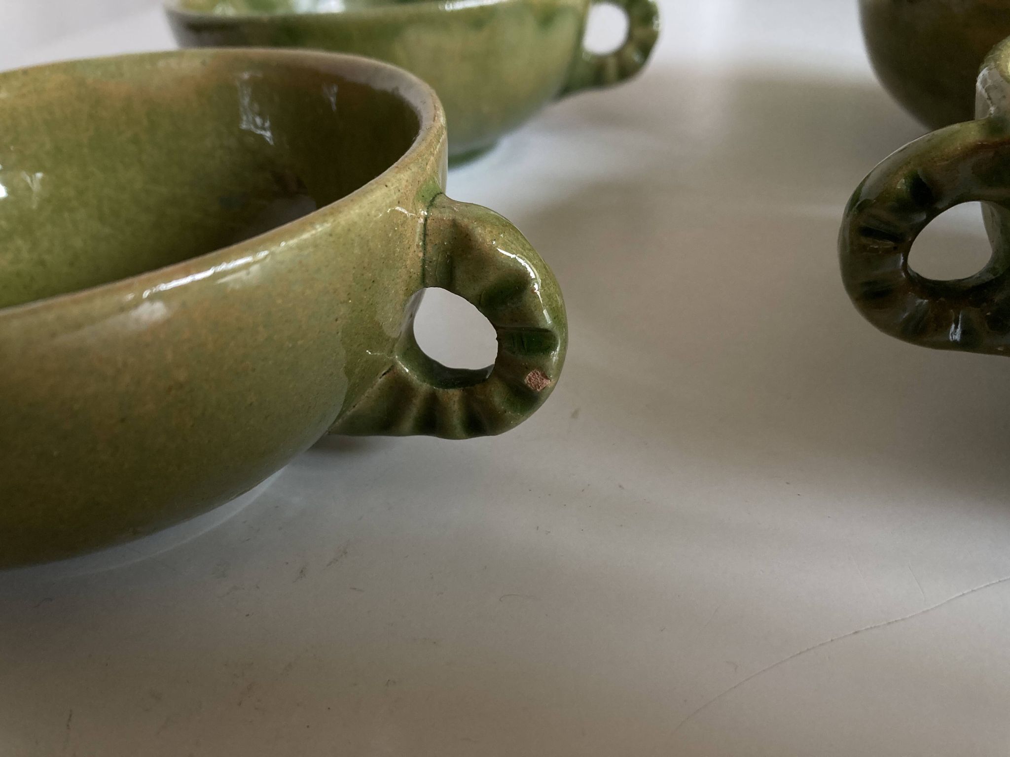 4 green glazed earthenware bowls with handles from Biot, 1960