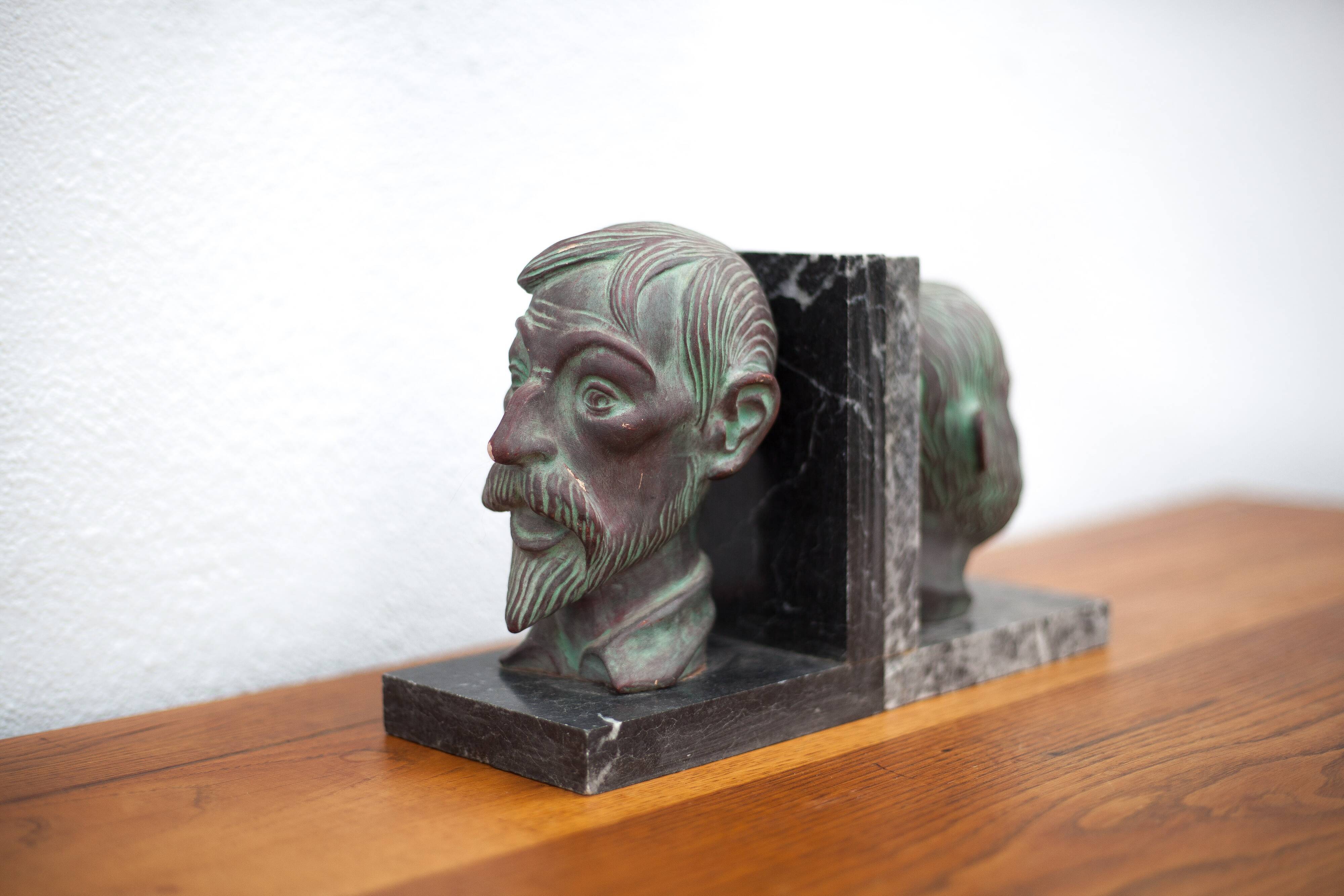 Pair of terracotta and marble bookends, don quixote and sancho panza, paperweight, library