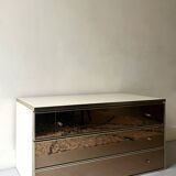 Ivory lacquered sideboard with polished finish and smoked mirror, JC Mahey design 1970.