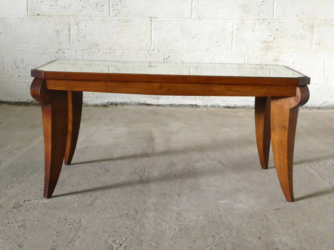 Table basse Art Déco en noyer et miroir, 1940