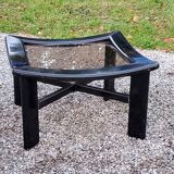 70s design coffee table in black lacquered wood with smoked glass top