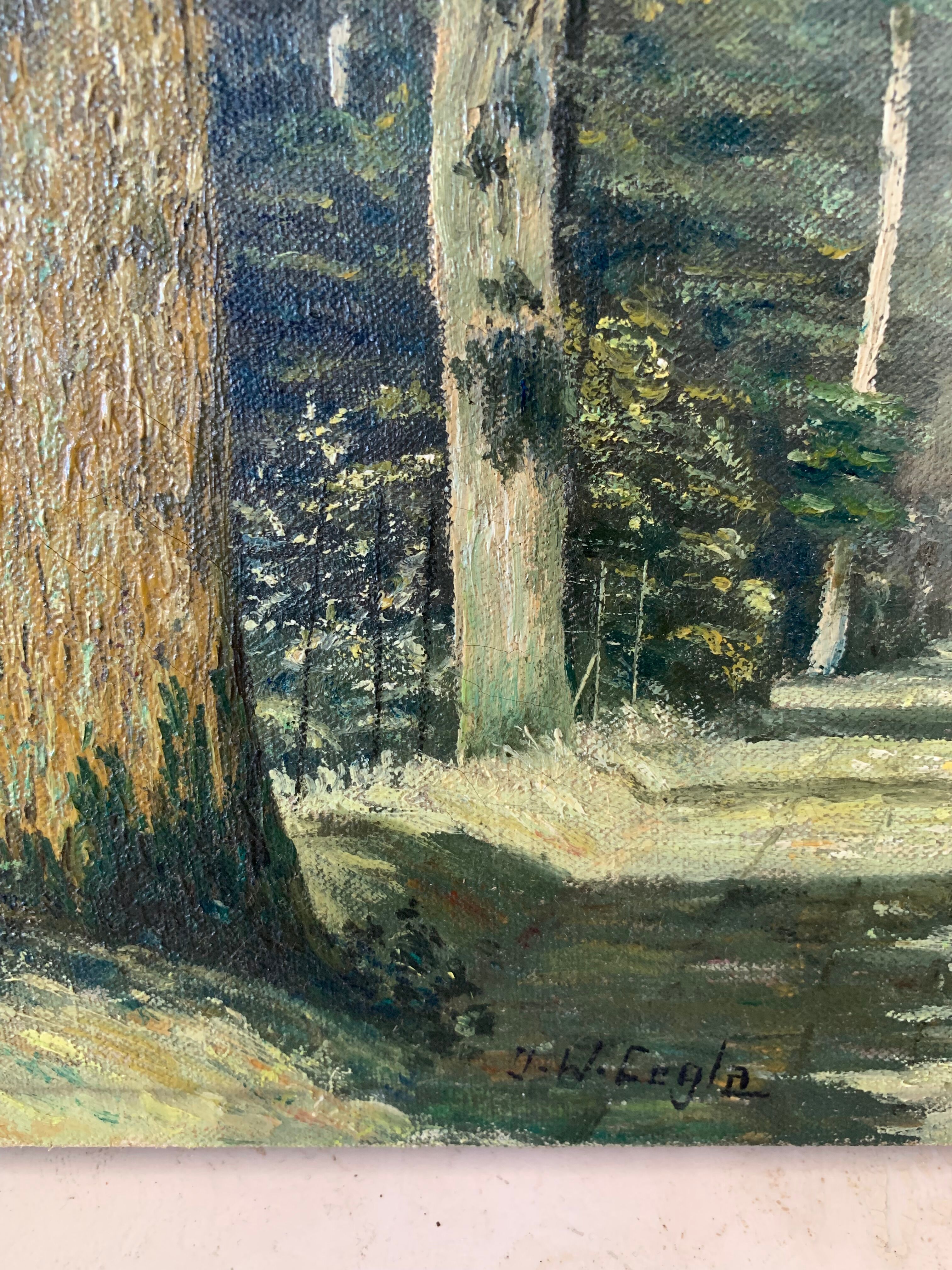 Huile sur toile, forêt, vintage