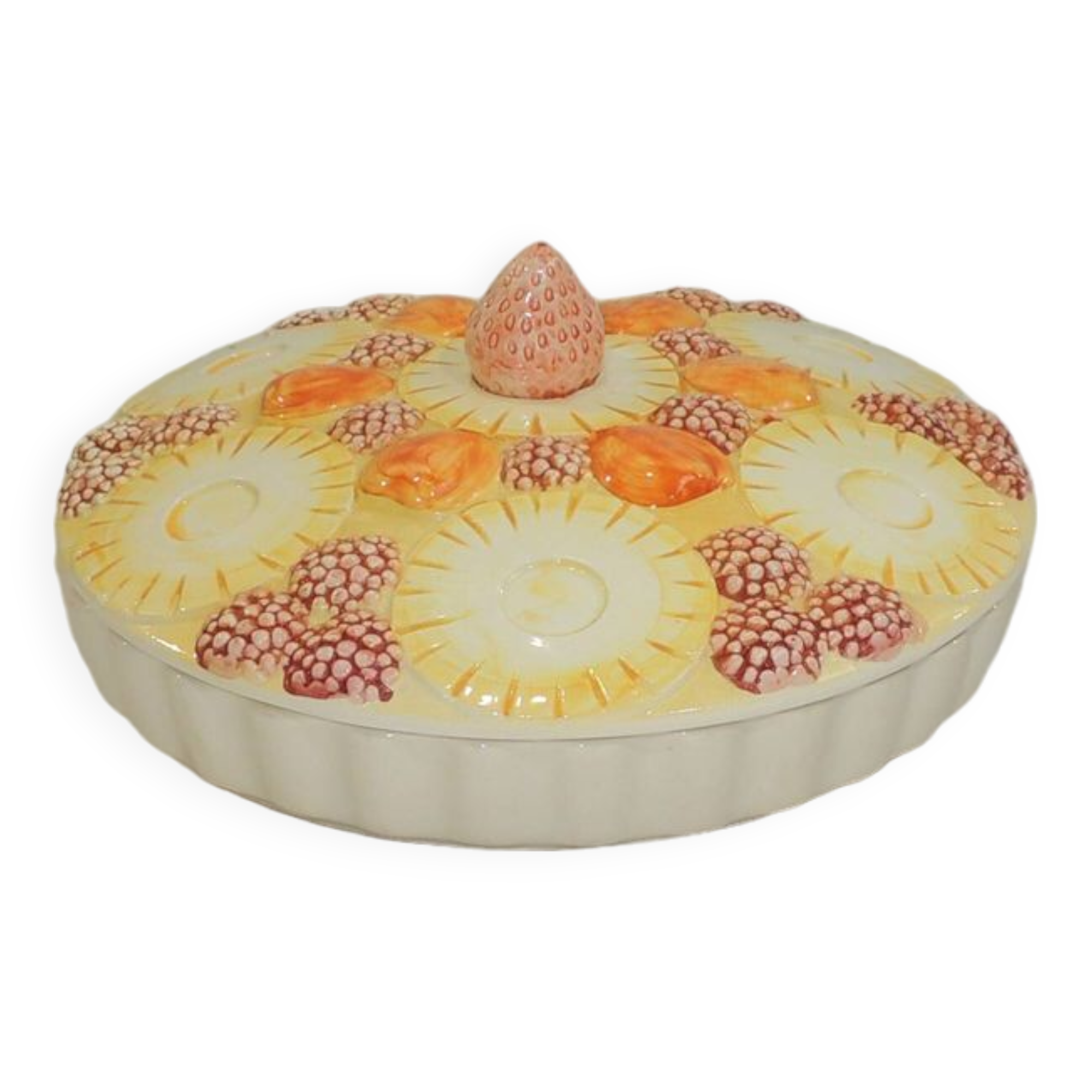 Magnificent fruit tart dish in slip signed "What's Vincent Cadeaux