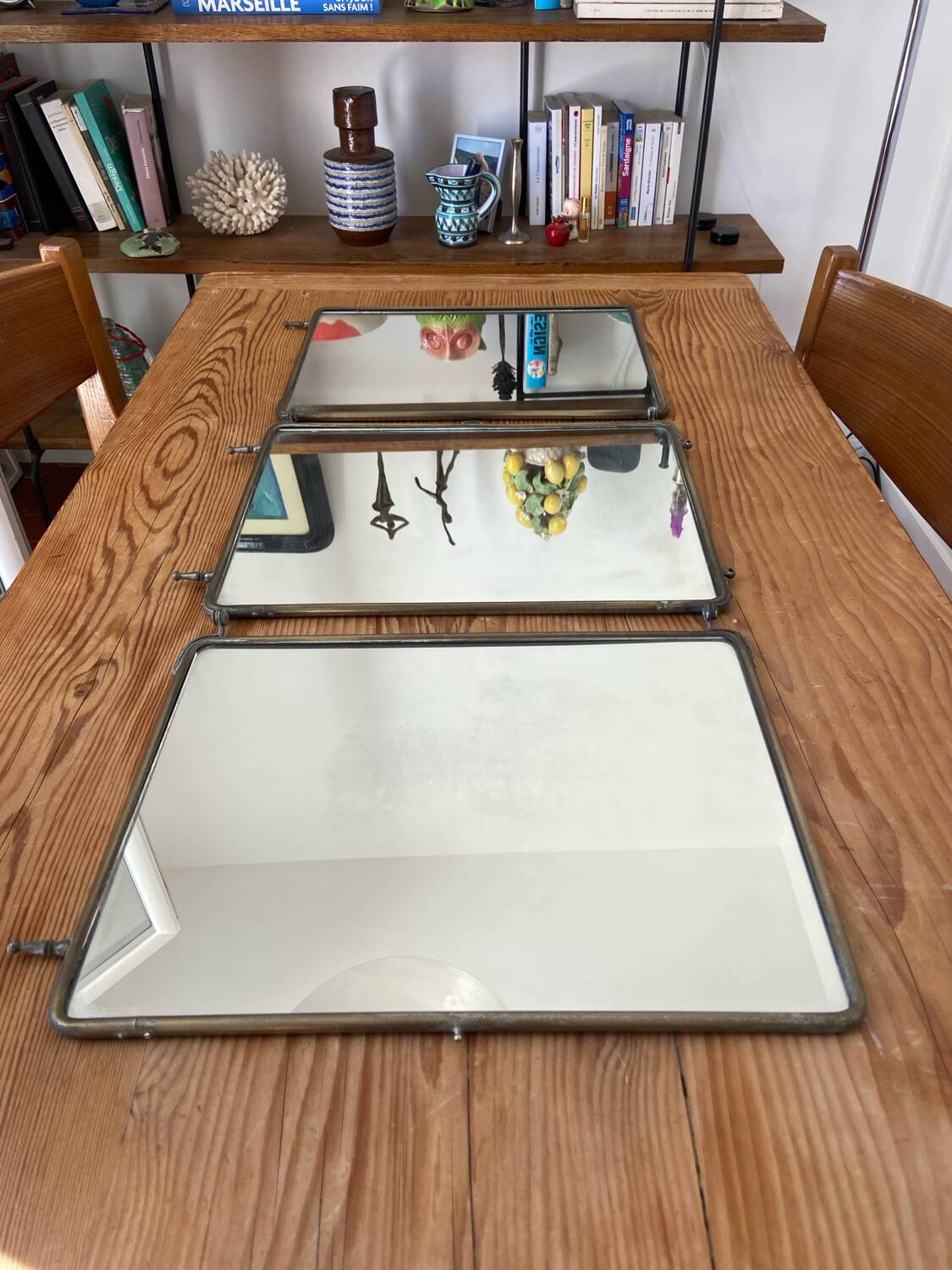 Metal triptych mirror from the 1950s