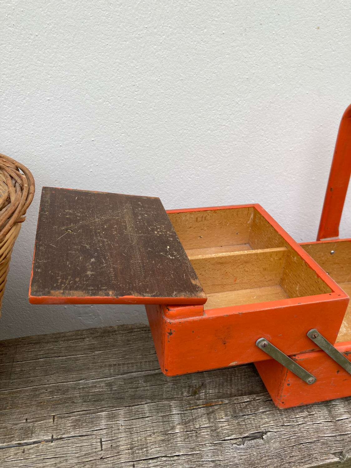 Orange wooden sewing box 1960 1970