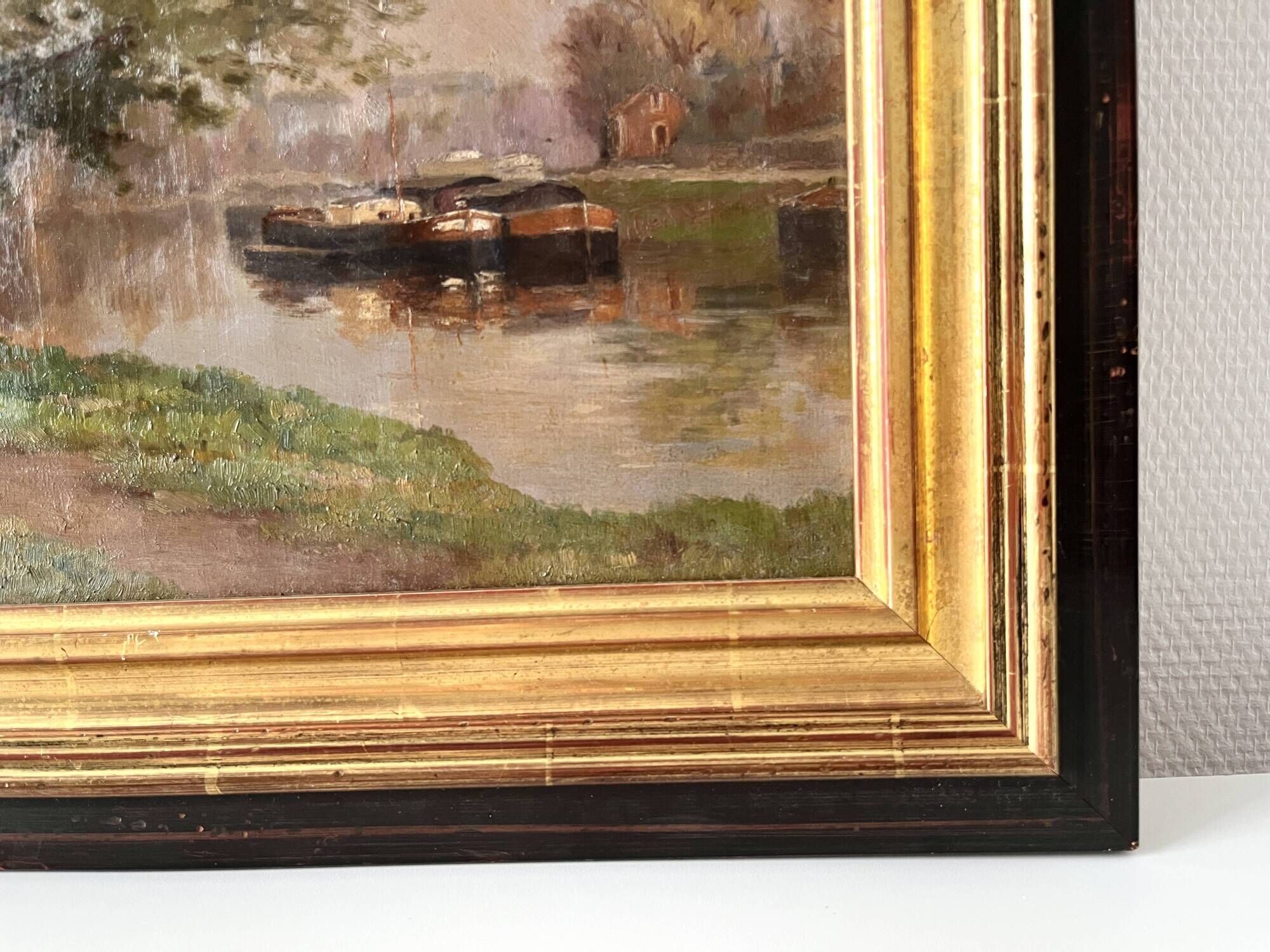 Authentic oil on canvas of a landscape with barges, view of the Seine.