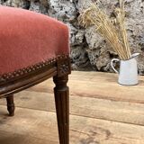 Armchair Voltaire or shepherdess and foot rest in pink velvet Louis XVI