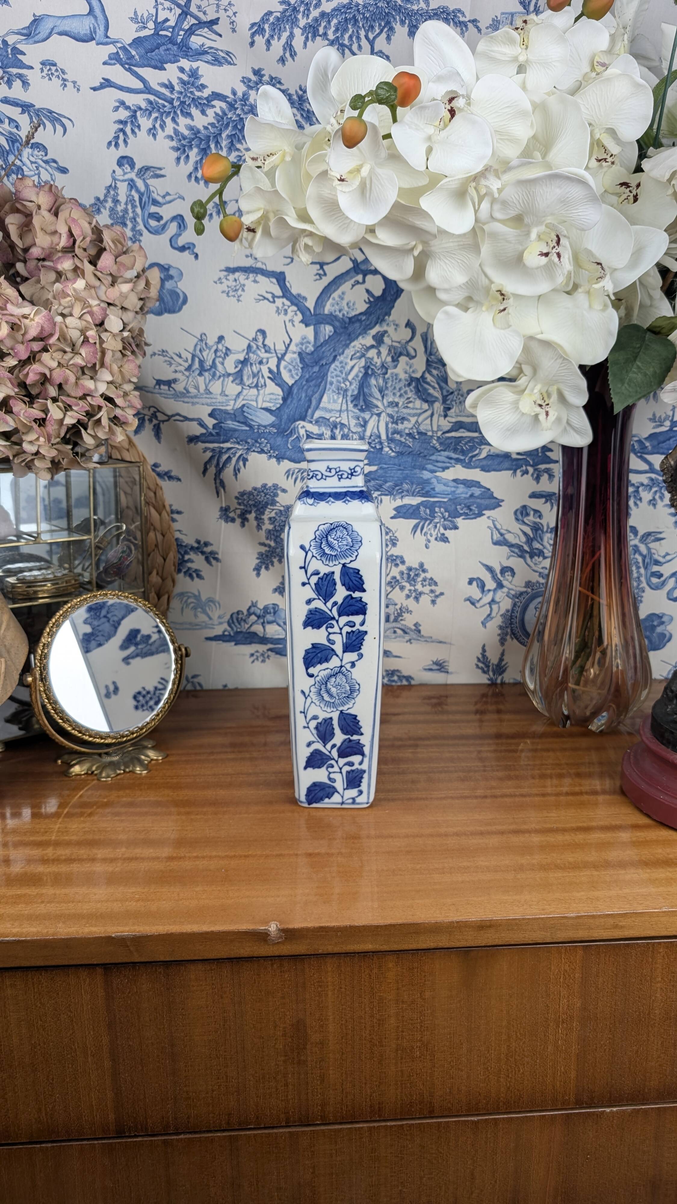 Rectangular Hue Blue Vase Vietnamese Landscape Decor 20th Century