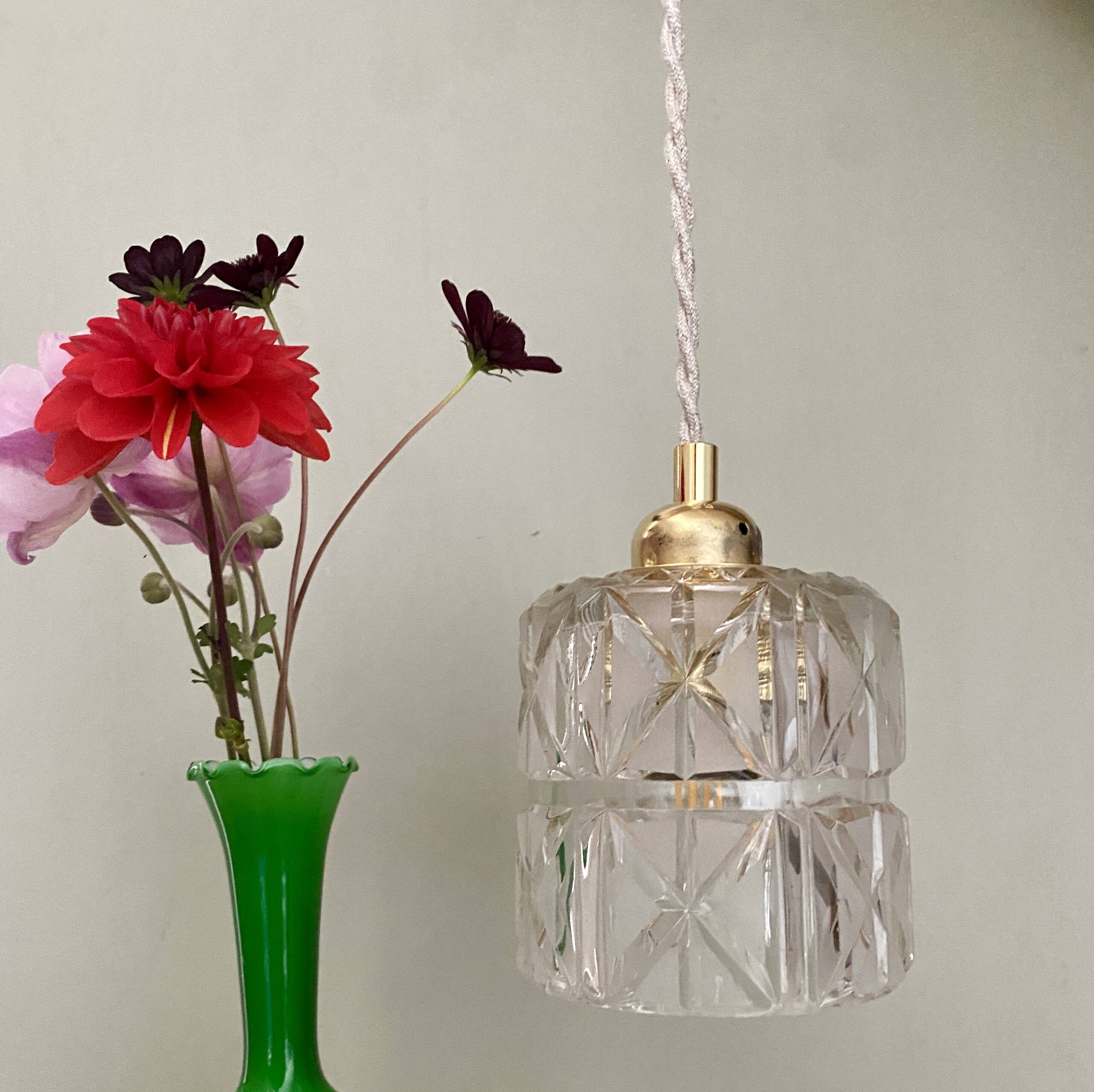 Vintage globe pendant light in thick, chiseled and frosted glass