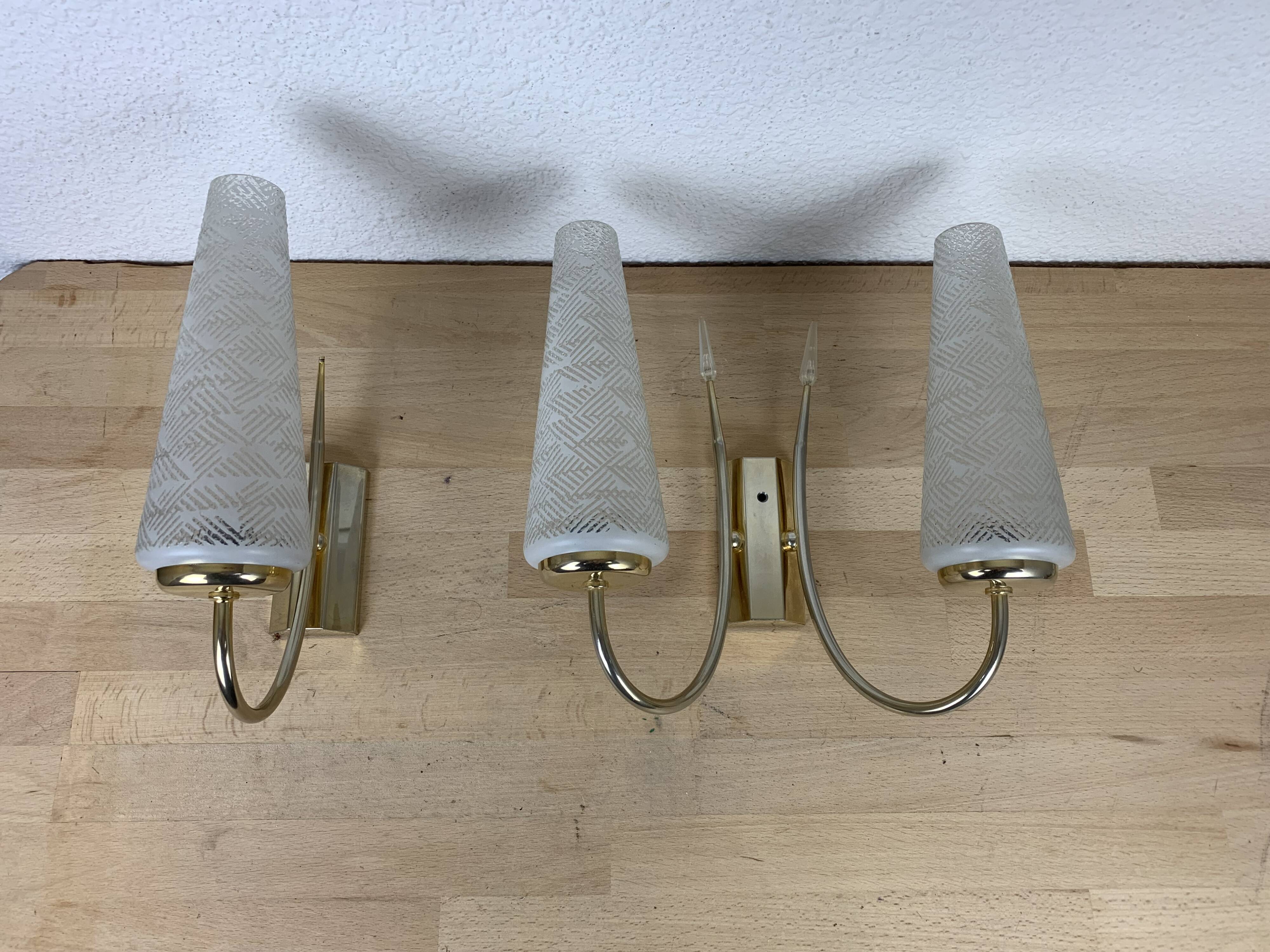 Pair of brass and opaline wall lamps 50s