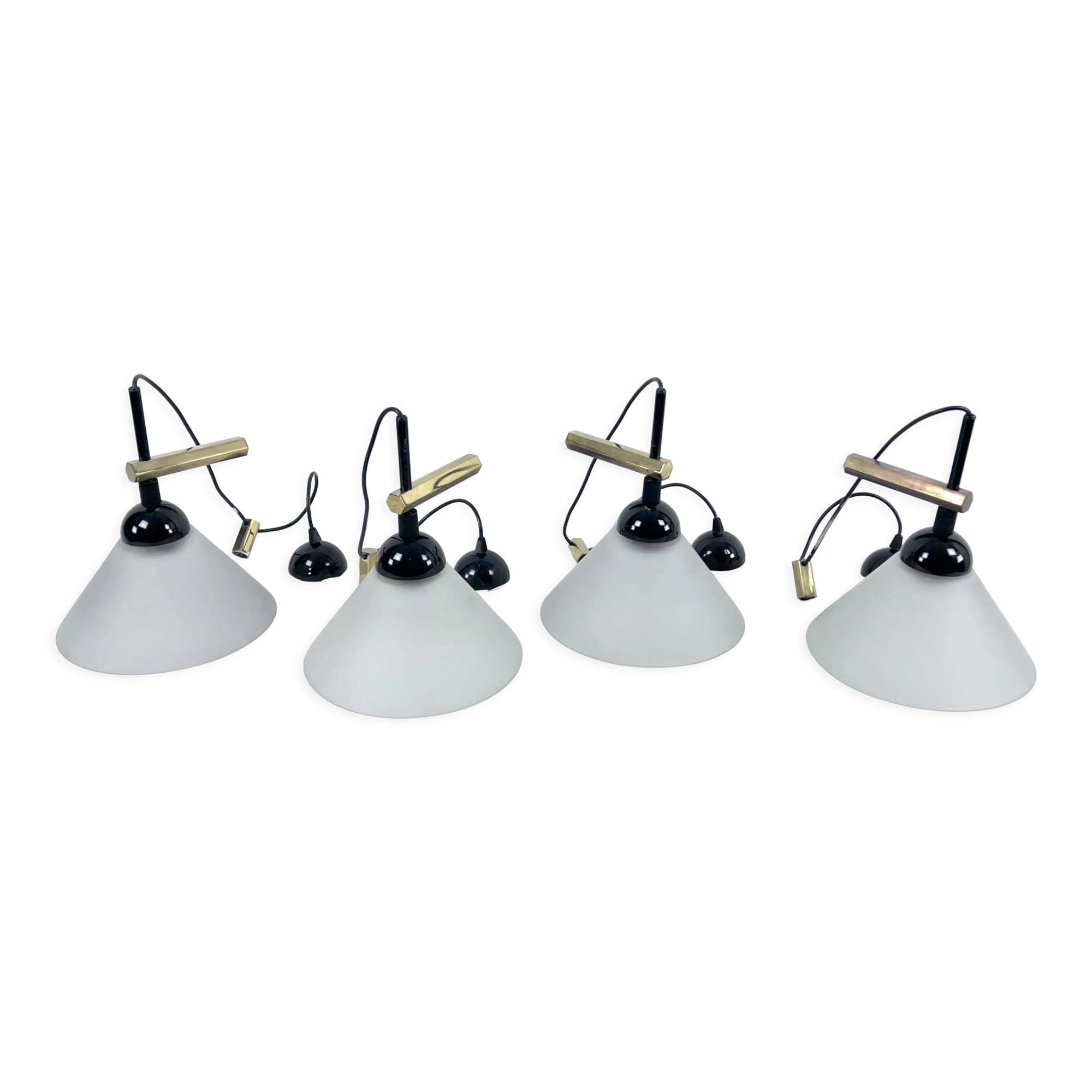 Rare Set of four Italian Modern brass and Murano glass wall lamps by Quattrifolio. 1970s