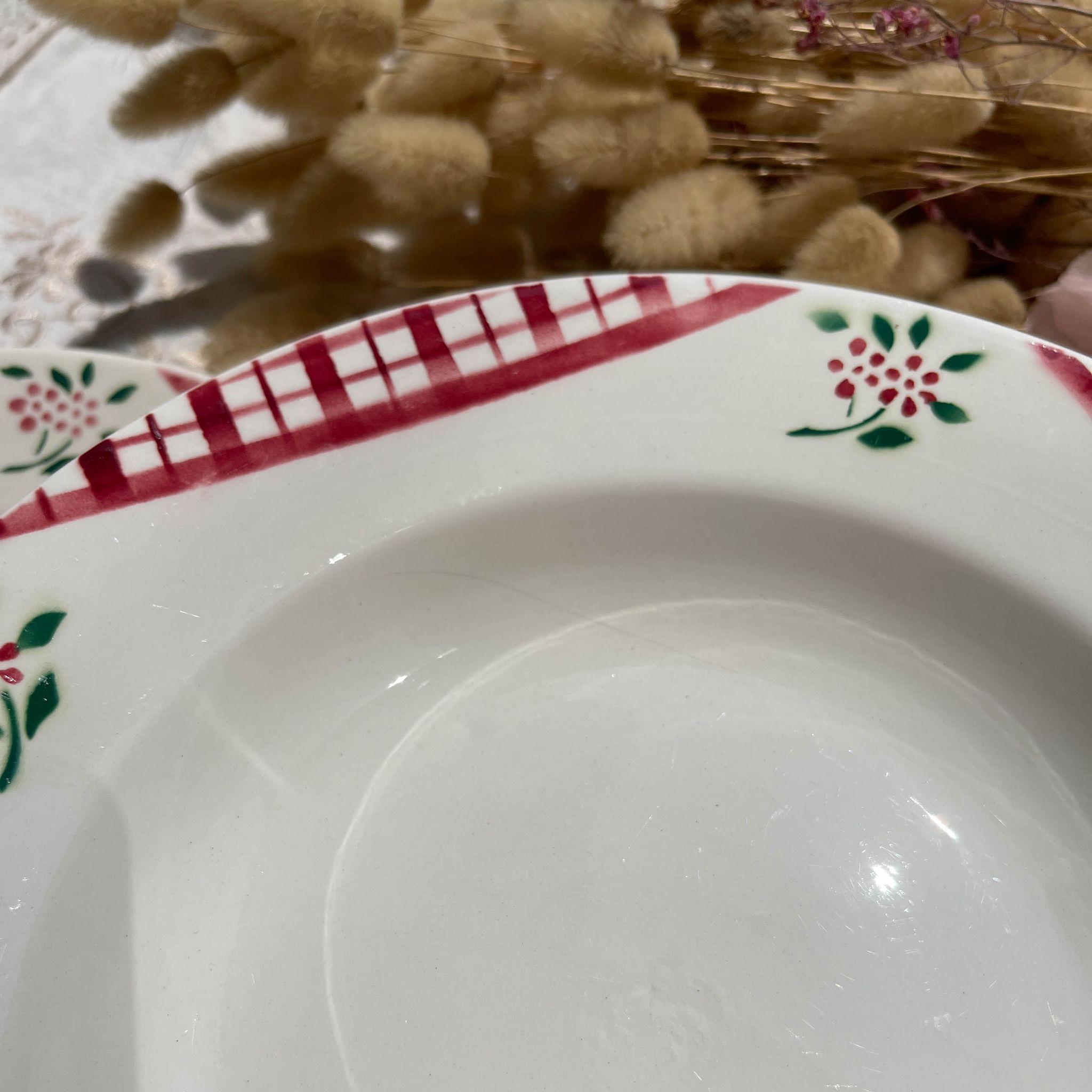 6 Digoin Sarreguemines Niger model soup plates with floral pattern and red/white checks