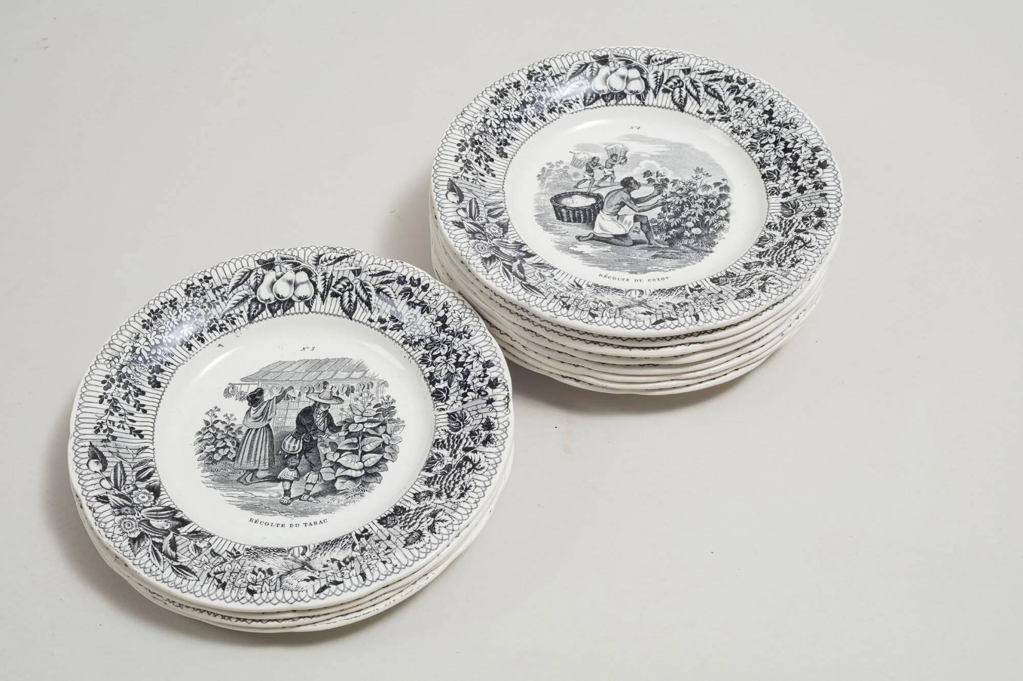 12 x earthenware plates from Creil and Montereau on the theme of harvest.