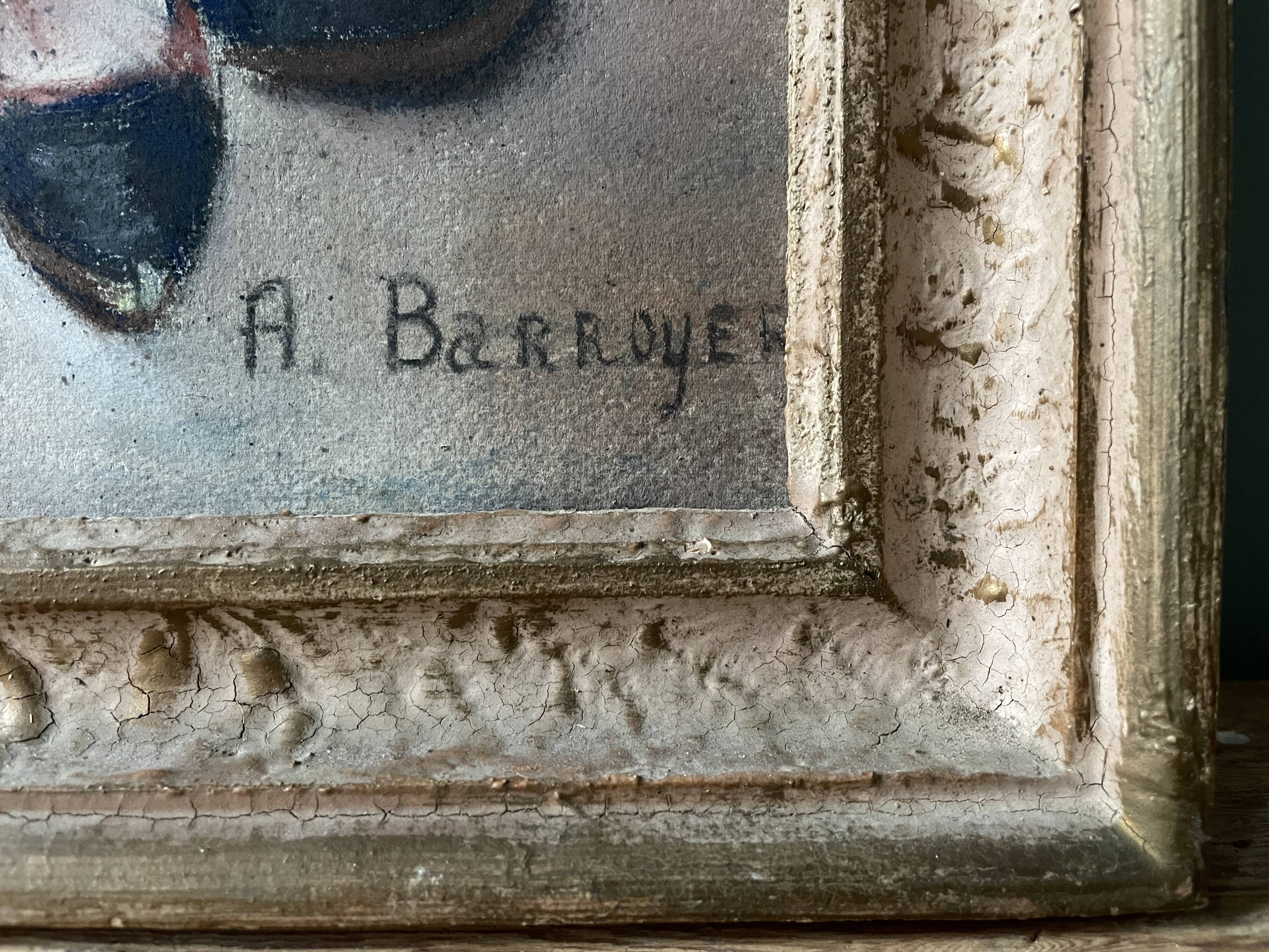 Old signed painting, drawing in bold pencil on cardboard