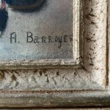 Tableau ancien signé, dessin au crayon gras sur carton