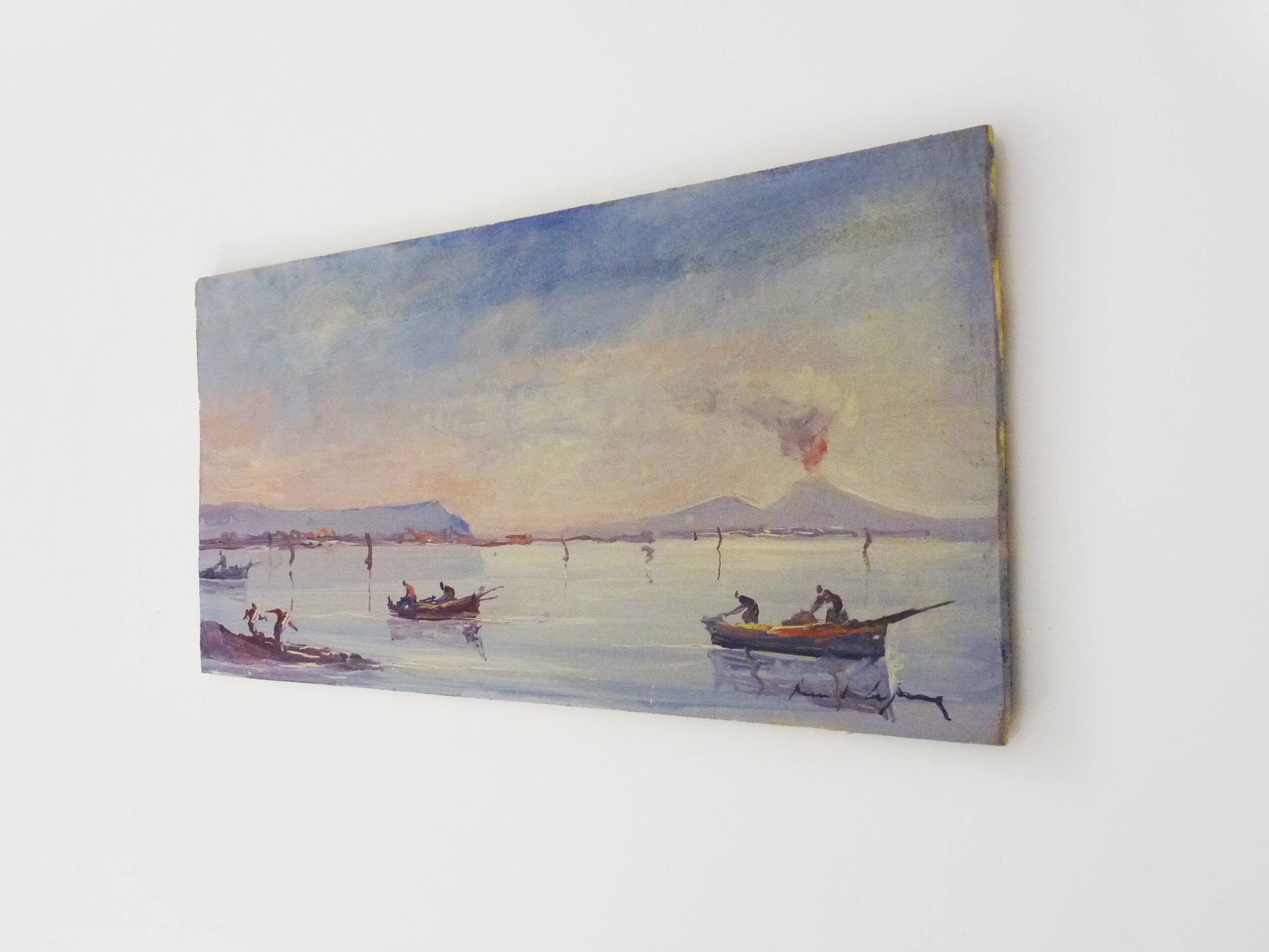 Oil on wood by Riccardo Capone fishermen Italy 50s 60s