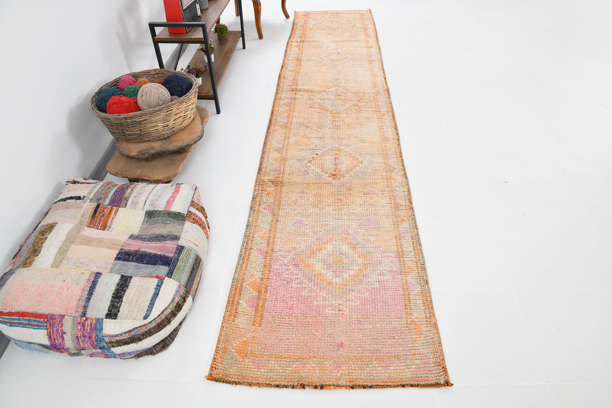 3x13 pale pink & orange turkish runner rug 82x403cm