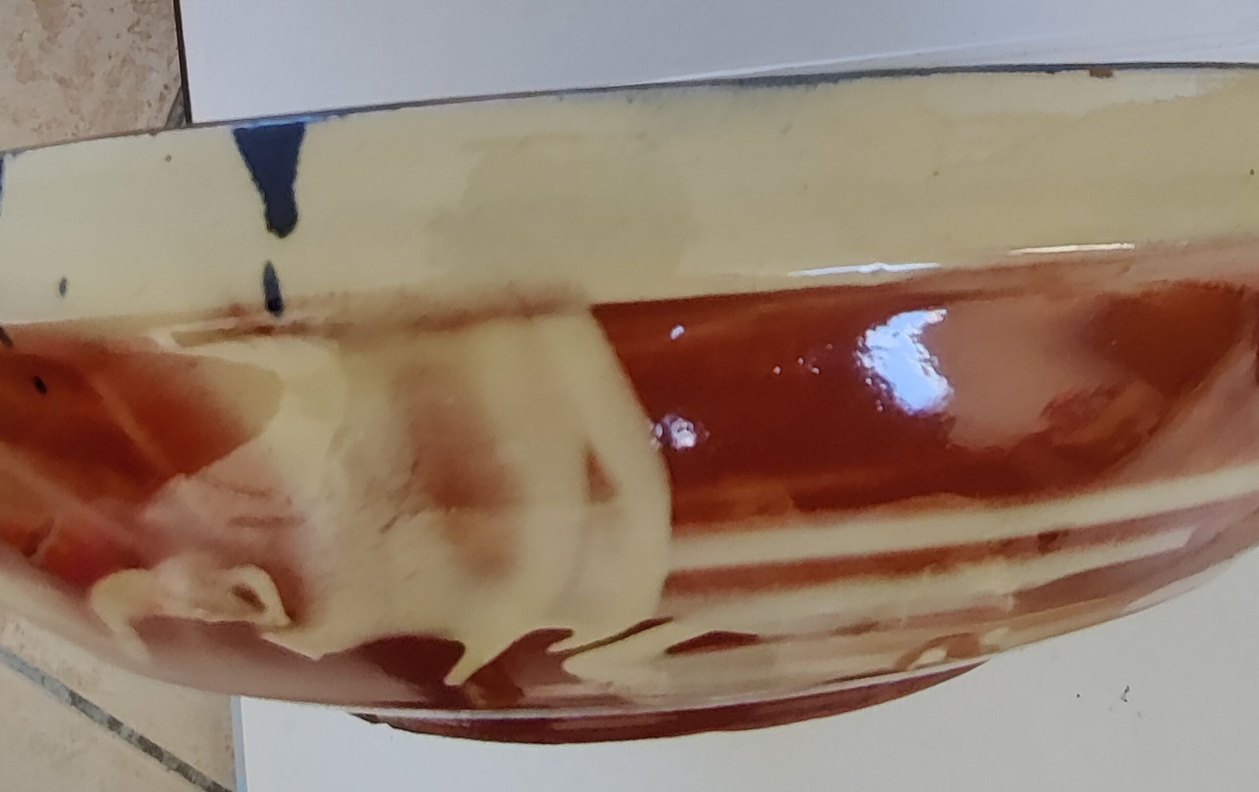 large round dish jatte salad bowl glazed terracotta blue cream