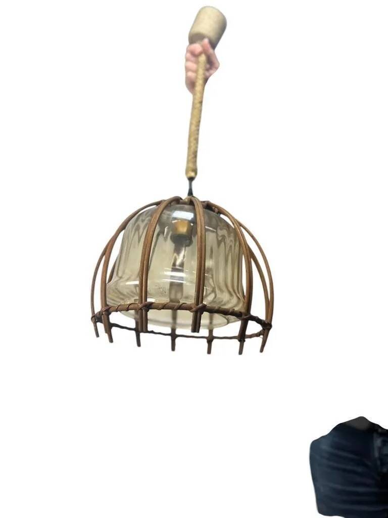 Vintage rattan pendant lamp with glass shade and cord accent